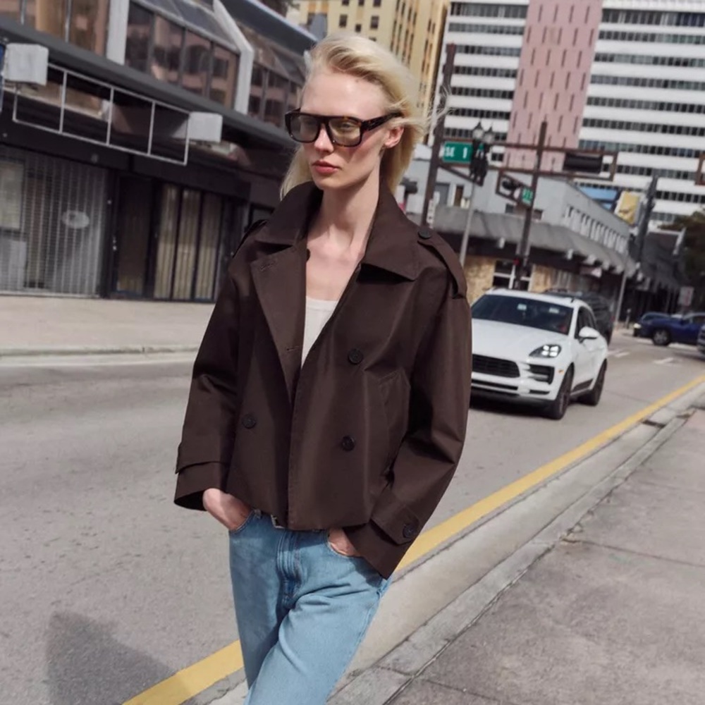 NWOT Zara Double-Breasted Cropped Trench Coat in Dark Brown, Size XS